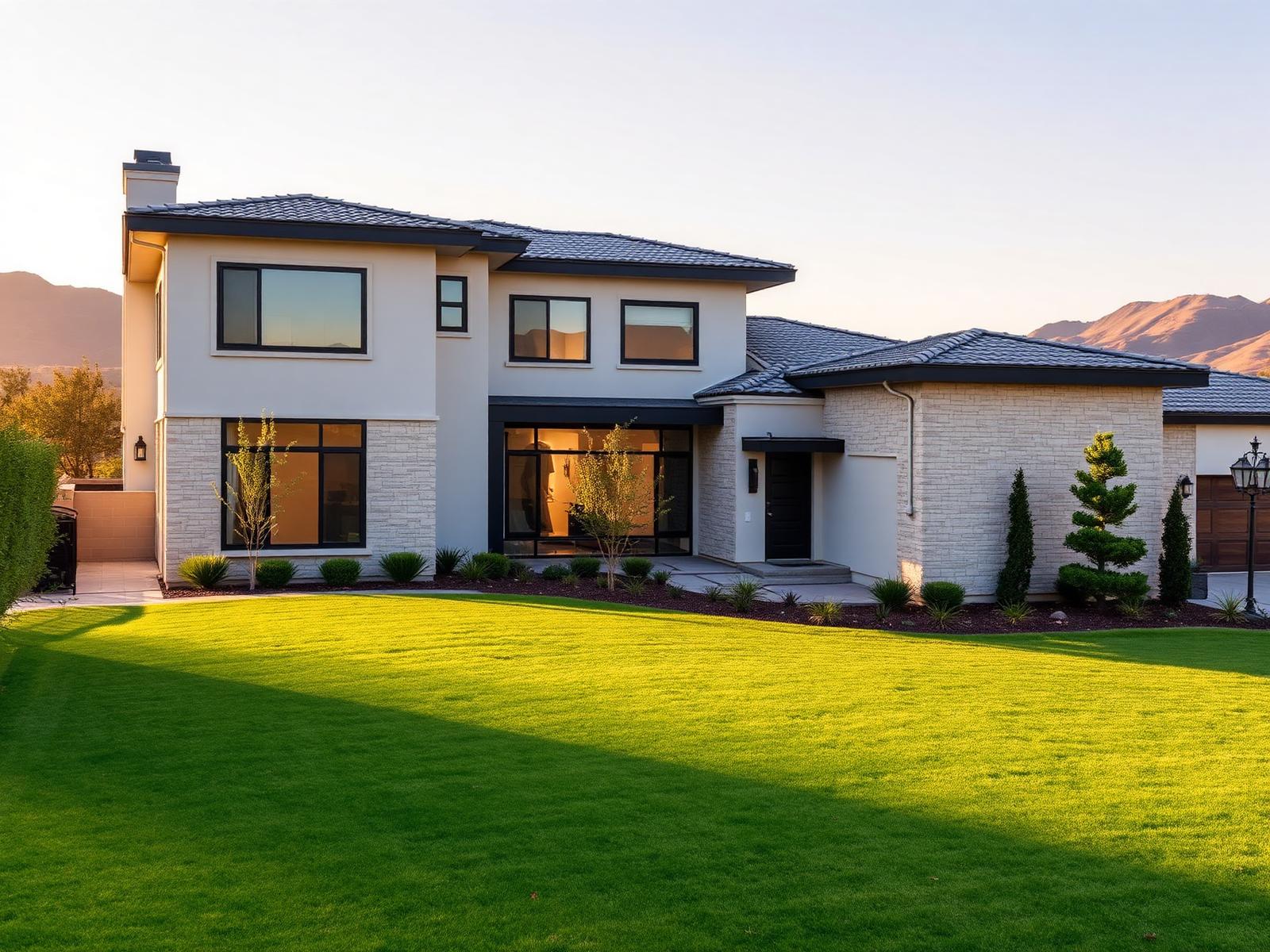 A modern residential home at golden hour with a soft mountain ridgeline in the distance