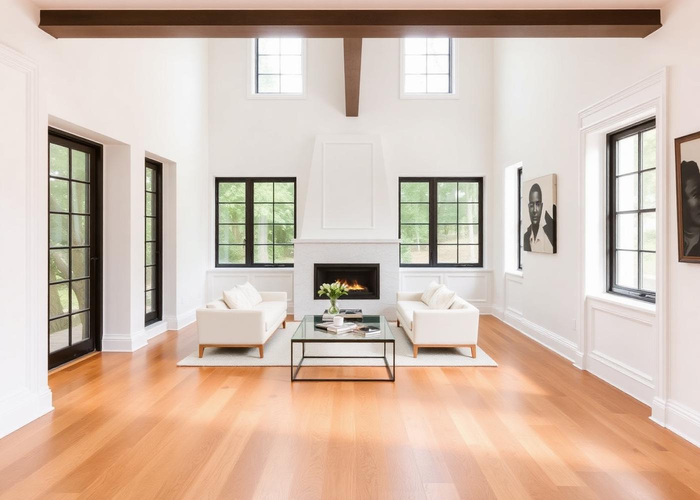 A renovated bright residential living room with oak floors